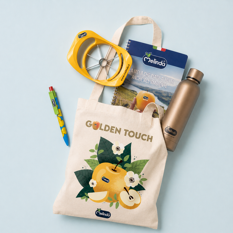 Borsa, tagliamele, taccuino, penna e borraccia Melinda