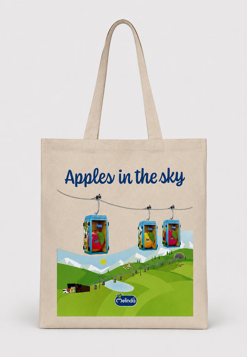 Tote Bag Organic Premium Melinda, stampa con funivia e mele, vista frontale
