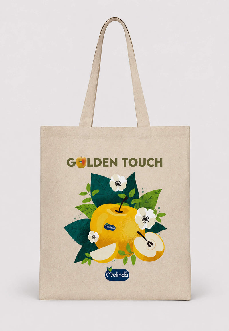 Tote Bag Organic Premium Melinda, stampa Golden Touch con mela gialla, vista frontale