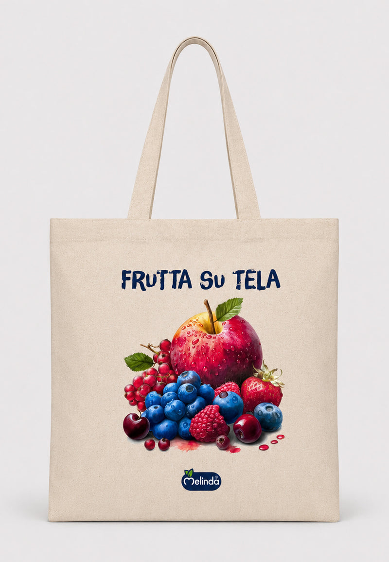 Tote Bag Organic Premium Melinda, stampa Frutta su tela con frutti di bosco, vista frontale