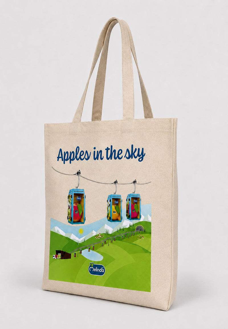 Tote Bag Organic Premium Melinda, stampa con funivia e mele, vista laterale