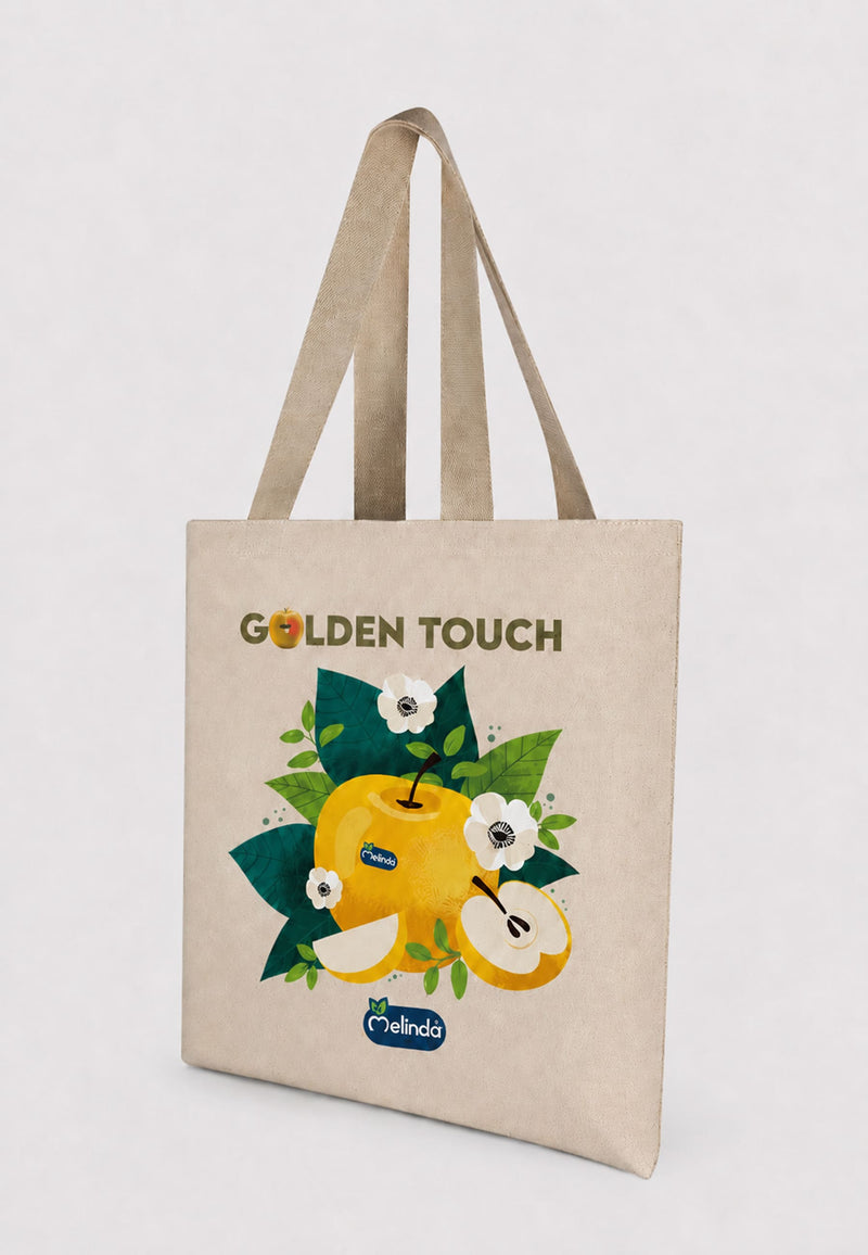 Tote Bag Organic Premium Melinda, stampa Golden Touch con mela gialla, vista laterale