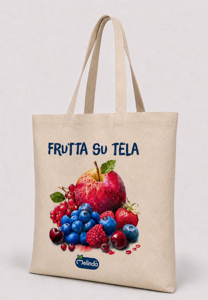 Tote Bag Organic Premium Melinda, stampa Frutta su tela con frutti di bosco, vista laterale