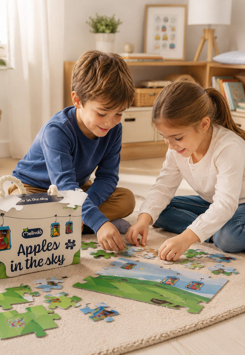 Puzzle Melinda, con illustrazione della funivia, insieme agli accessori