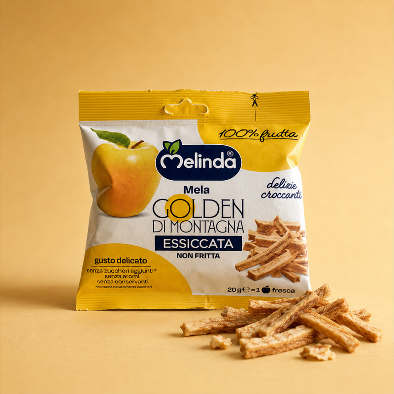 Confezione di chips di mela Golden Melinda in stick con chips in primo piano