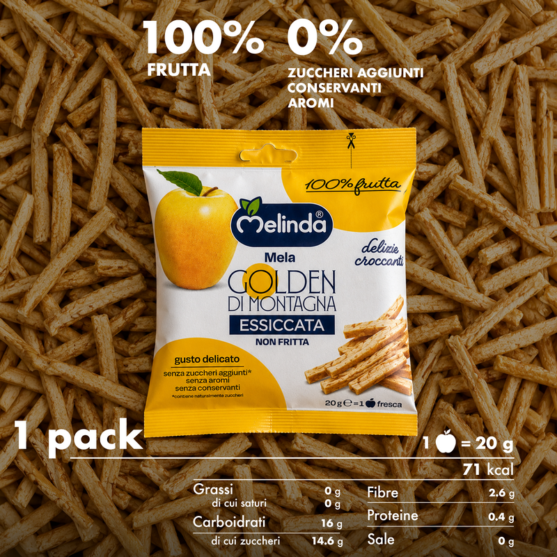 Chips di mela Golden Melinda in stick con tabella nutrizionale