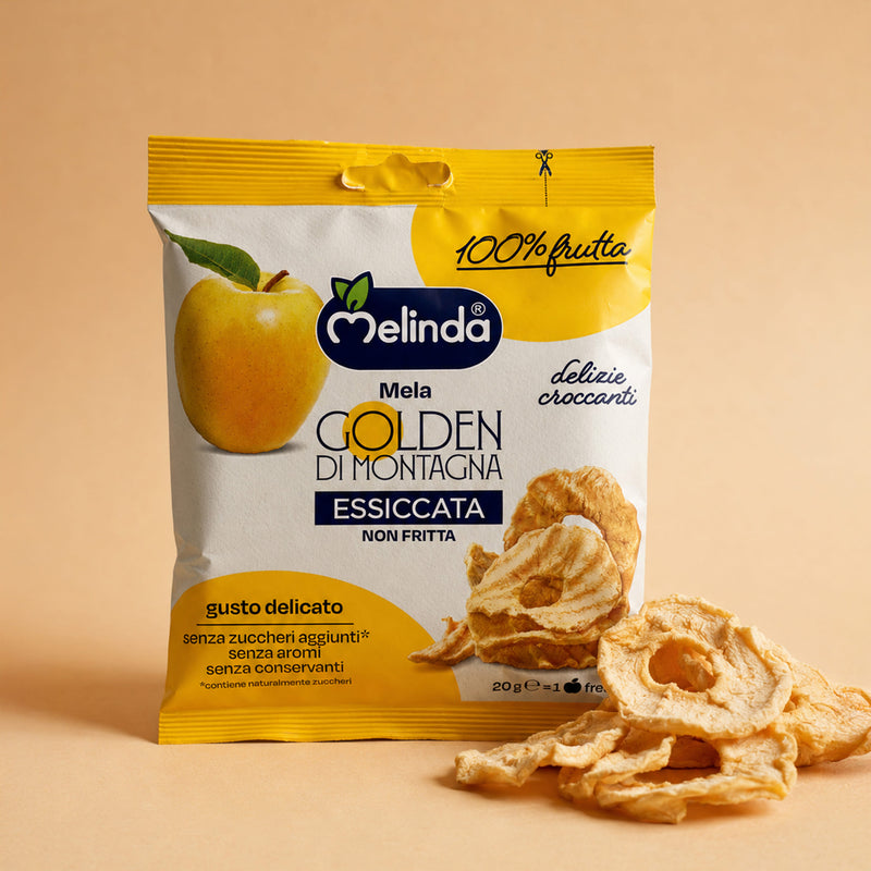 Confezione di chips di mela Golden Melinda con fettine essiccate