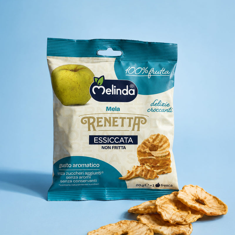 Confezione di chips di mela Renetta Melinda con fettine essiccate