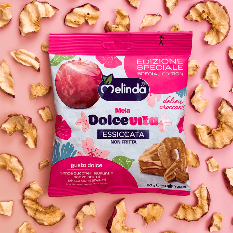 Confezione di chips di mela Dolcevita Melinda con fettine essiccate