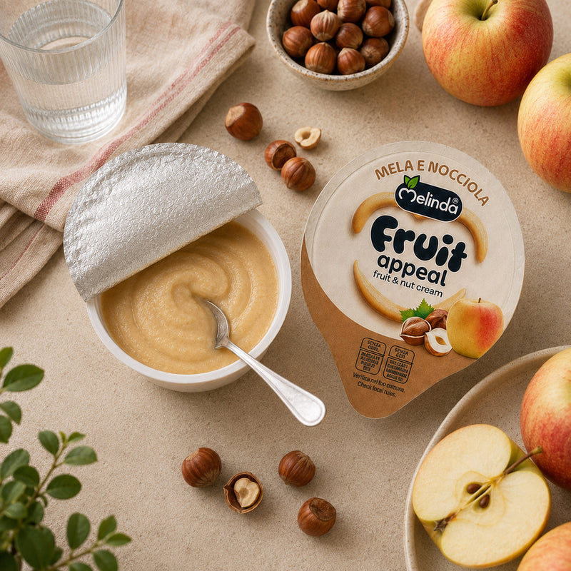 Fruit Appeal al cucchiaio Melinda mela e nocciola servito con gli ingredienti