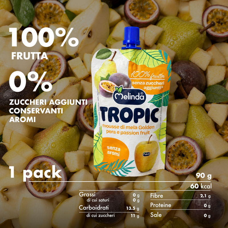 Melinda Tropic pera e passion fruit con informazioni nutrizionali