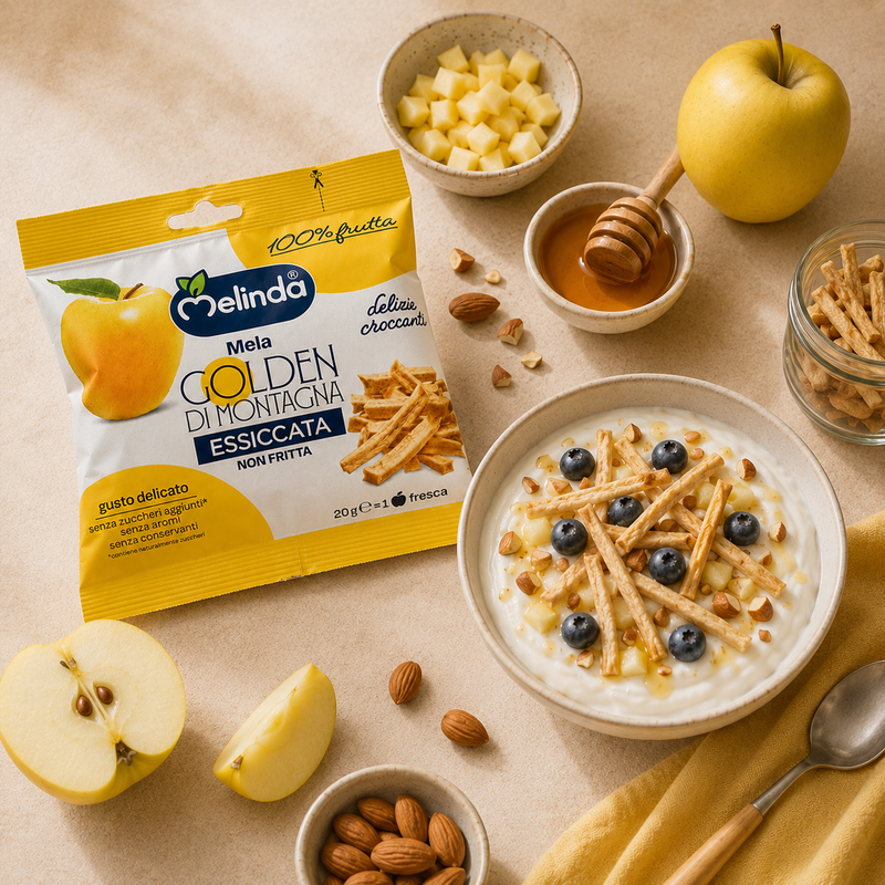 Chips di mela Golden Melinda in stick servite con yogurt e frutta