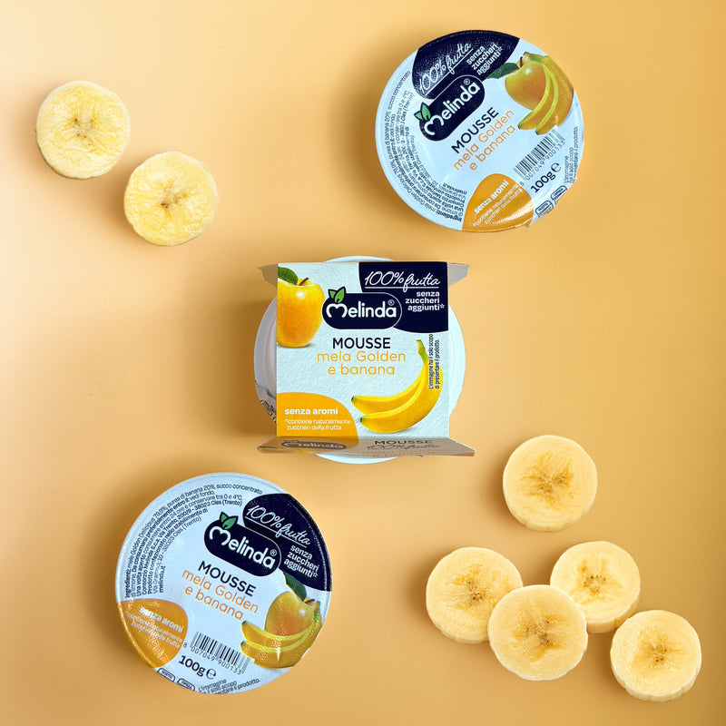 Vasetti di mousse di frutta Melinda gusto banana con frutta fresca
