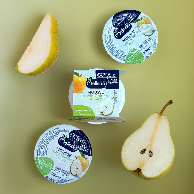Vasetti di mousse di frutta Melinda gusto pera con frutta fresca