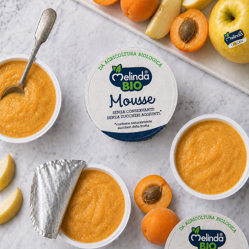 Mousse BIO Melinda gusto albicocca servita con frutta fresca