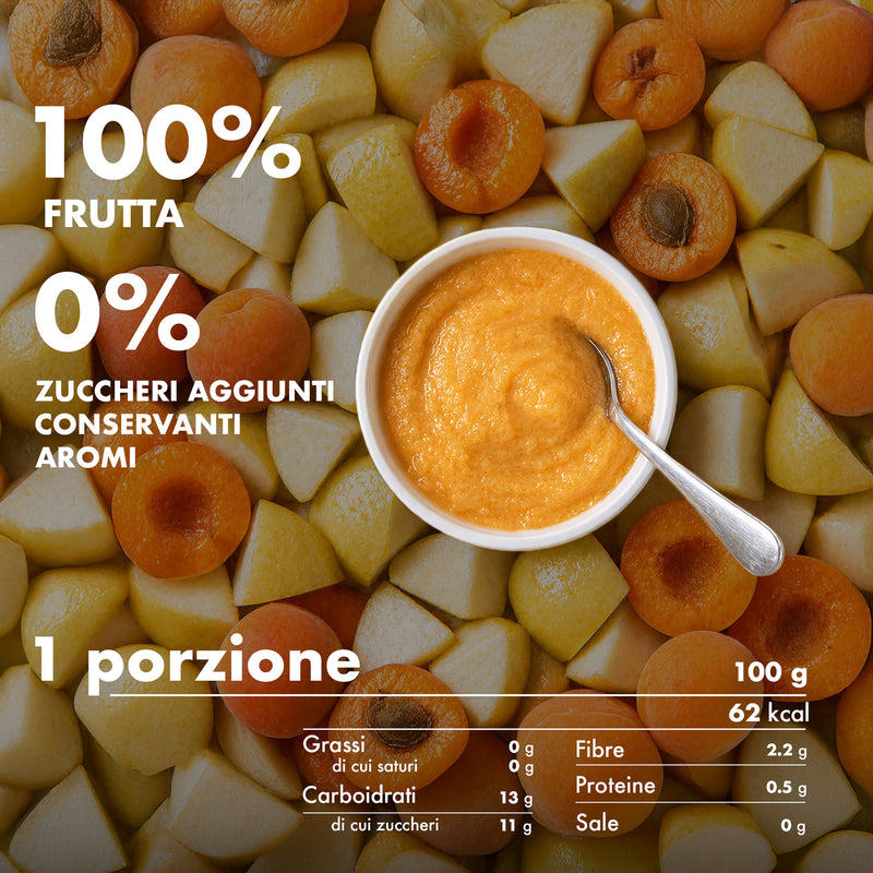 Mousse di frutta Melinda gusto albicocca con informazioni nutrizionali