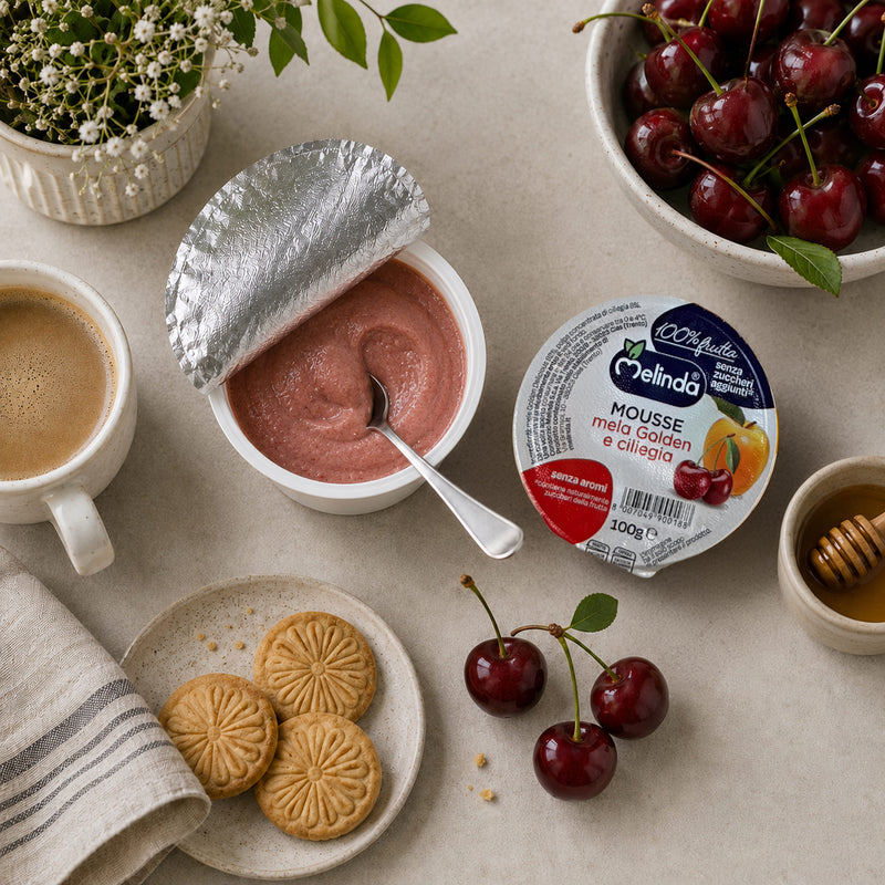 Mousse di frutta Melinda gusto ciliegia servita con frutta fresca