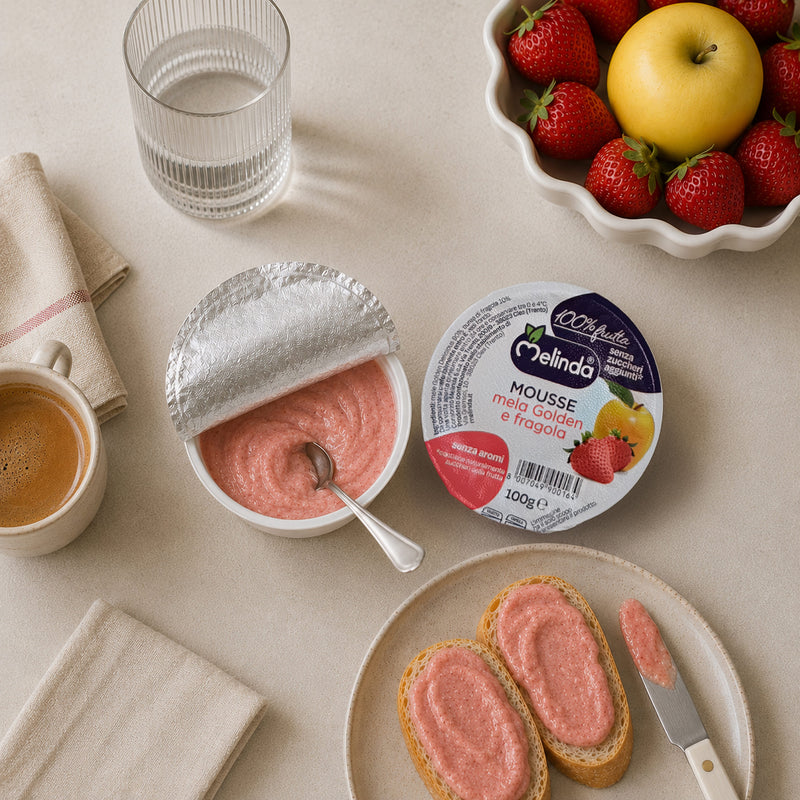 Mousse di frutta Melinda gusto fragola servita con frutta fresca