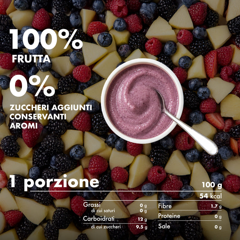 Mousse di frutta Melinda gusto frutti di bosco con informazioni nutrizionali