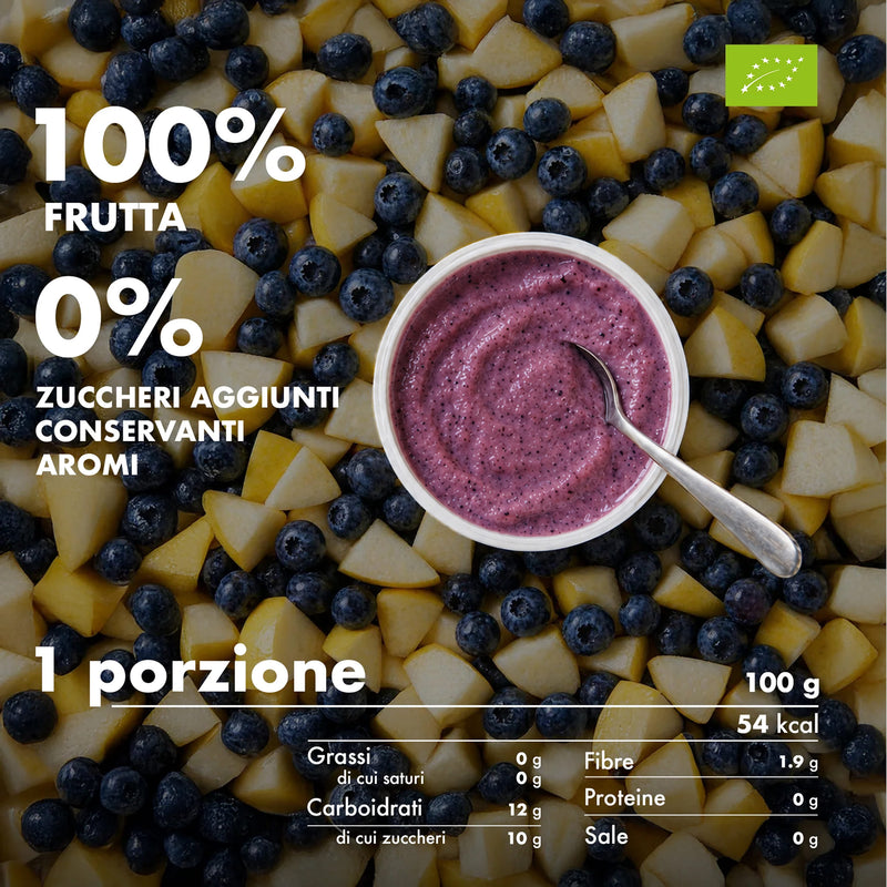 Mousse di frutta Melinda gusto mirtillo con informazioni nutrizionali