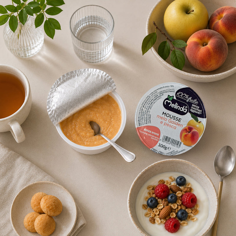 Mousse di frutta Melinda gusto pesca servita con frutta fresca