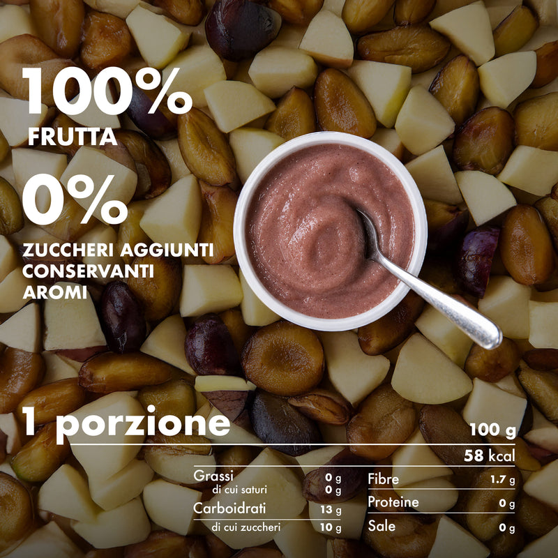 Mousse di frutta Melinda gusto prugna con informazioni nutrizionali