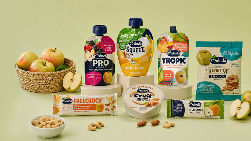 Assortimento di snack Melinda con mele, mousse e barrette