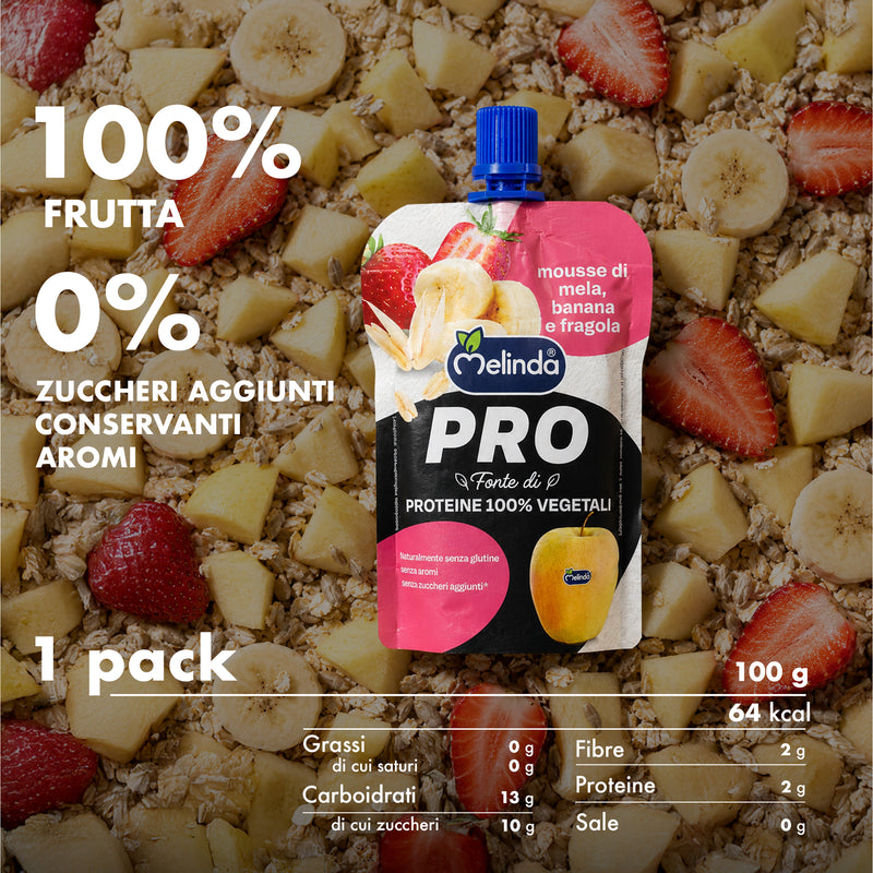 Snack proteico PRO Melinda banana e fragola con informazioni nutrizionali