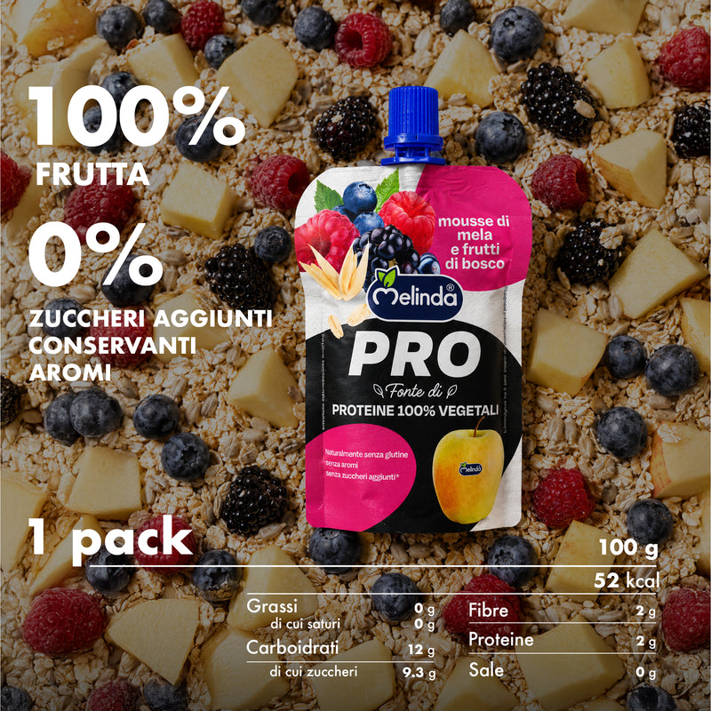 Snack proteico PRO Melinda frutti di bosco con informazioni nutrizionali