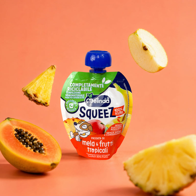 Confezione di Squeez Melinda gusto frutti tropicali con frutta fresca