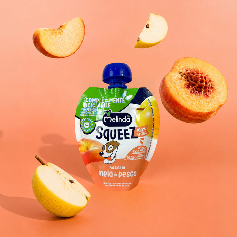 Confezione di Squeez Melinda gusto pesca con frutta fresca