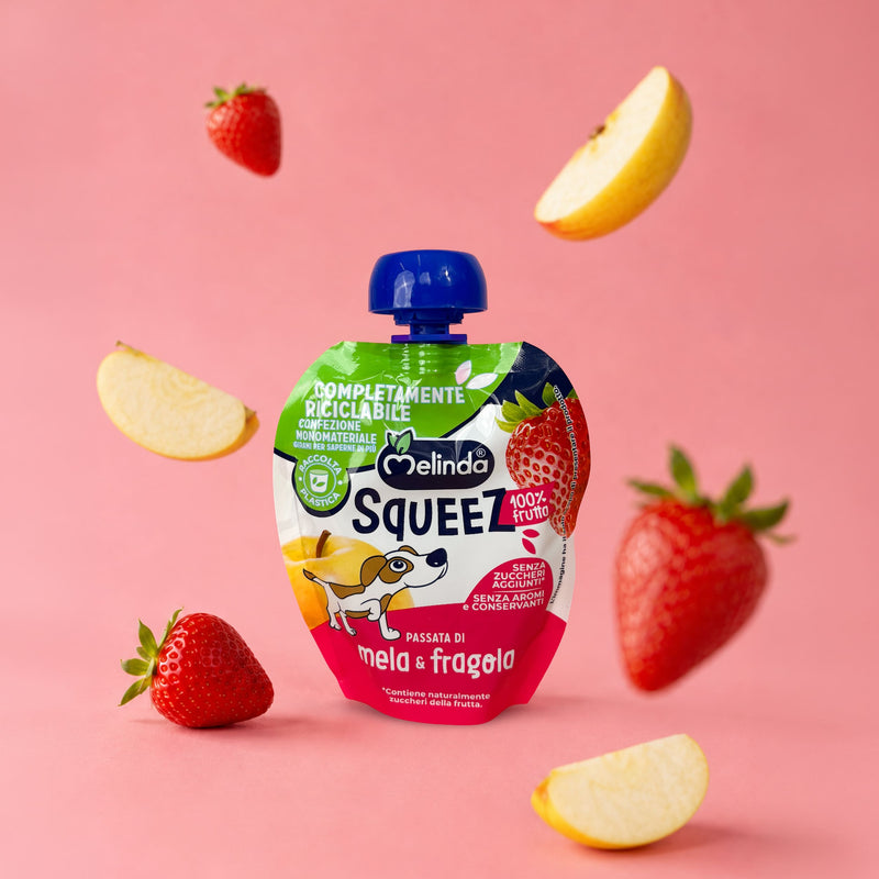 Confezione di Squeez Melinda gusto fragola con frutta fresca