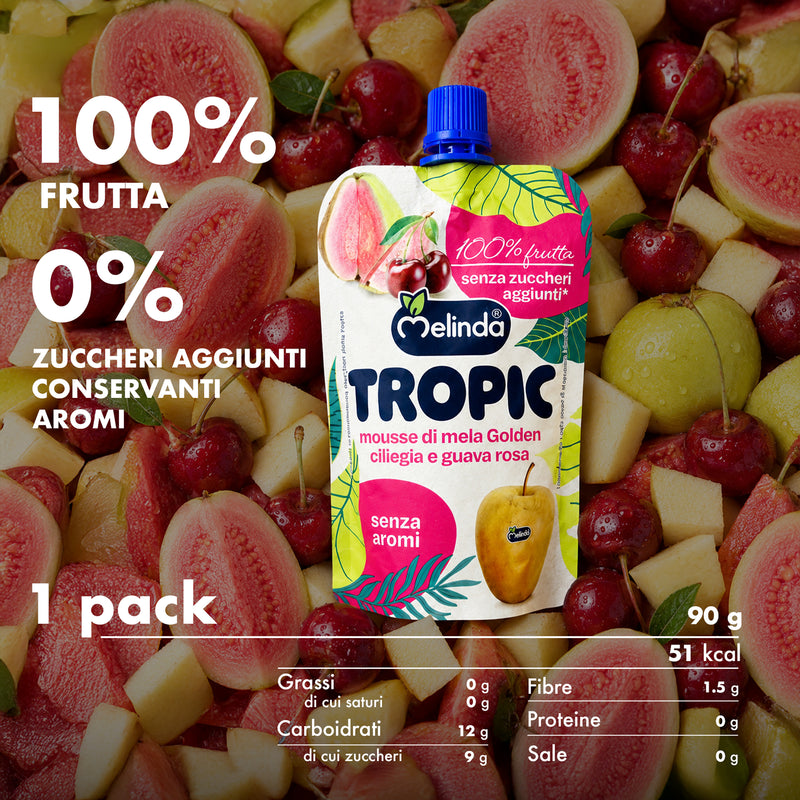 Melinda Tropic ciliegia e guava rosa con informazioni nutrizionali