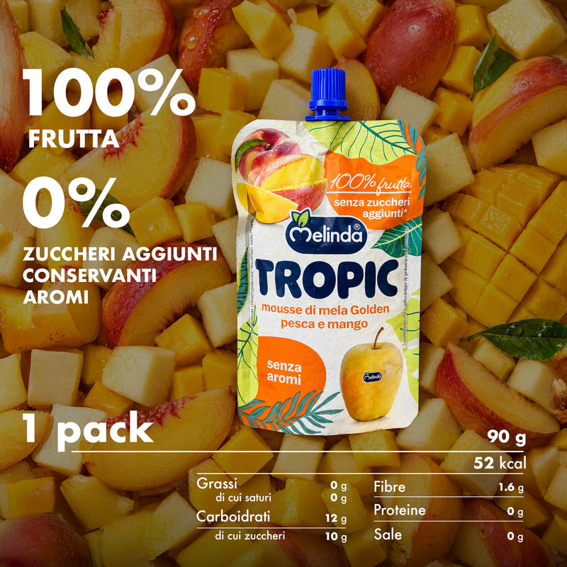 Melinda Tropic pesca e mango con informazioni nutrizionali