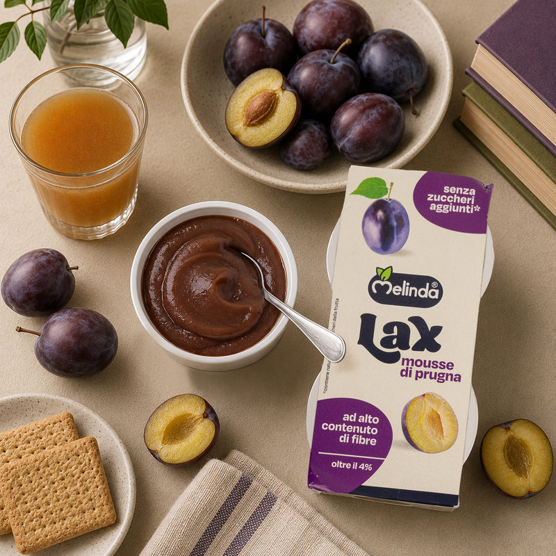 Lax Melinda al cucchiaio gusto prugna ambientato con la frutta