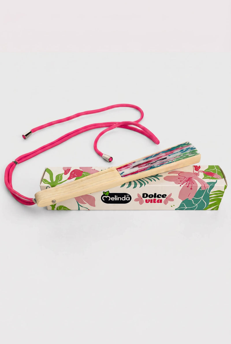 Ventaglio Dolcevita Melinda chiuso con laccetto rosa e custodia